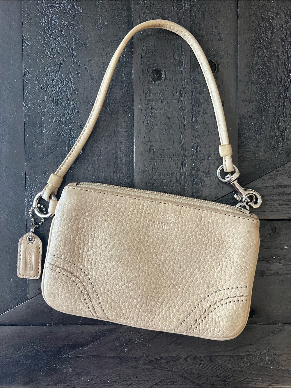 Coach Mini Pebbled Leather Wristlet in Cream